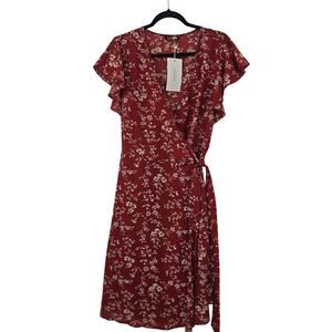 BloomChic Dress 14w 16W Red Floral Wrap Midi Flutter Sleeve Plus Size New